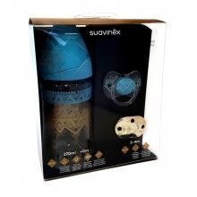 SUAVINEX SET PREMIUM BIBERON 270ML + CHUPETE 0-4M + BROCHE DISEÑO AZUL/DORADO